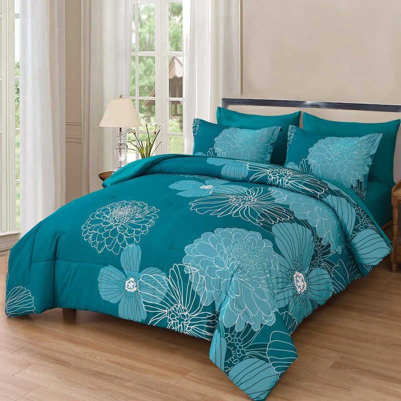 Yiran Queen Comforter Set Teal Bed in a Bag Floral Comforter Sets Soft Microfiber Bedding Sets for All Season 7 Piece 90""?90"" - Image 2